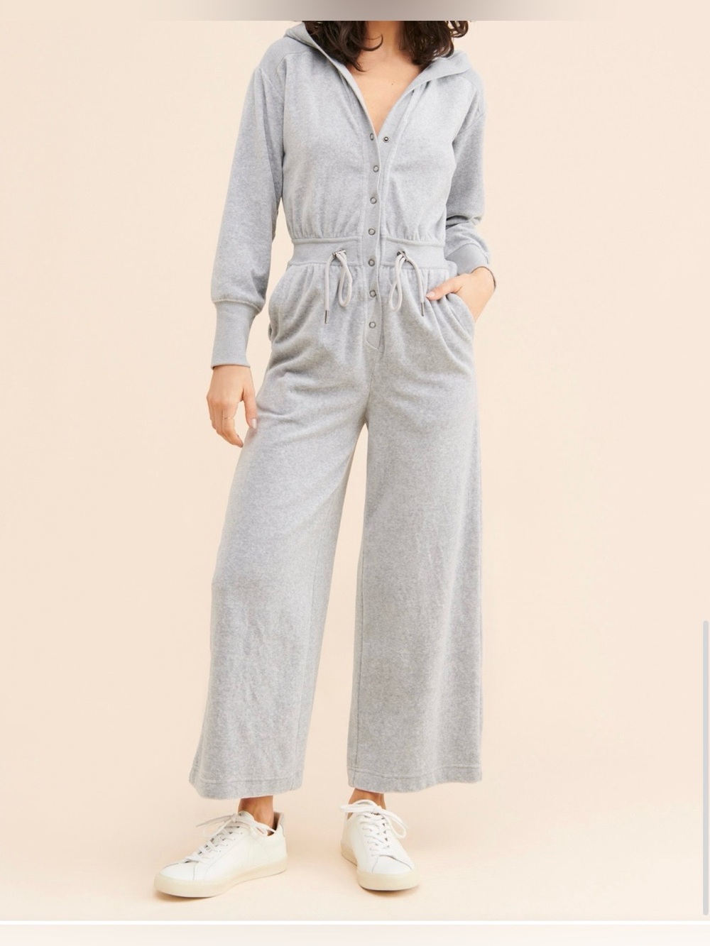 DAILY PRACTICE Anthropologie The Relax Coveralls Gray Hooded Velour Jumpsuit S